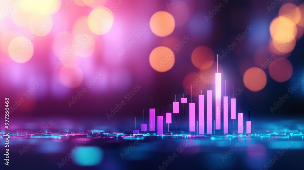 Poster Vibrant digital visualization of a data graph with colorful bars and glowing lights. Ideal for tech and finance themes.