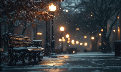 Naklejka premium A bench is lit up by the street lights in the snow