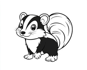 Minimalist black and white skunk illustration in kawaii style for children's coloring book activities on white background