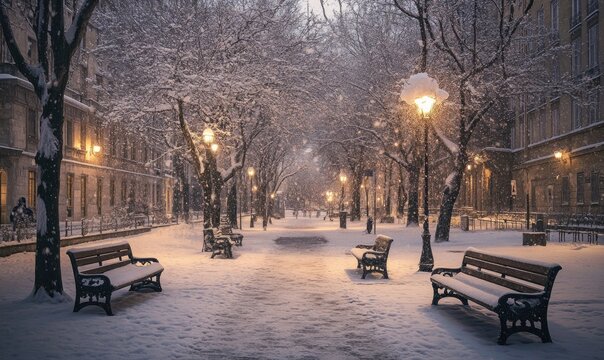 A snowy park with two benches and a lamp post