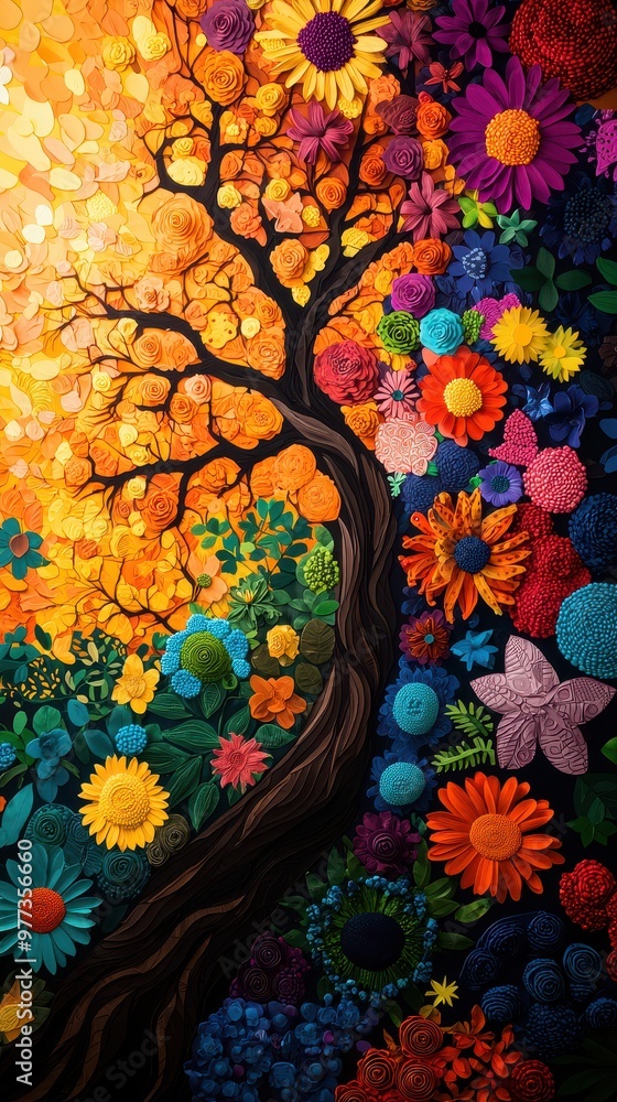 Poster vibrant tree adorned with colorful flowers, showcasing a blend of nature and artistry in a stunning 