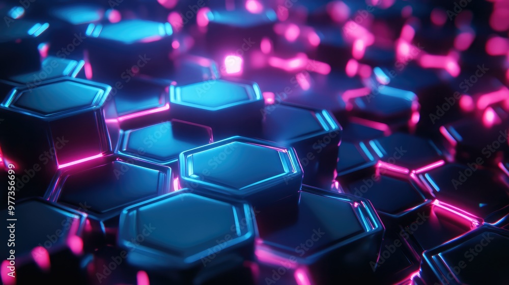 Poster gradually expanding neon hexagons forming a glowing honeycomb structure in a dark space.