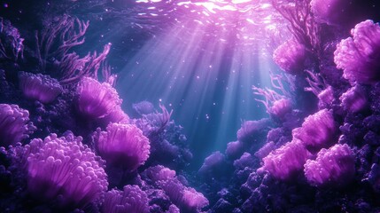 Fototapeta premium A vibrant underwater scene showcasing purple coral formations illuminated by soft rays of sunlight filtering through the water.