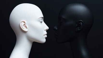 Fototapeta premium Elegant contrast of two mannequin heads, one white and one black, showcasing beauty and diversity in a minimalist composition.