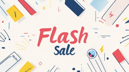 Flash Sale banner with bold red and blue text on a white background. Surrounded by abstract geometric shapes in red, blue and yellow.