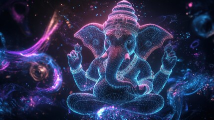 Fototapeta premium Abstract digital art of a glowing Ganesha statue in cosmic colors, symbolizing wisdom and prosperity in an enchanting universe.
