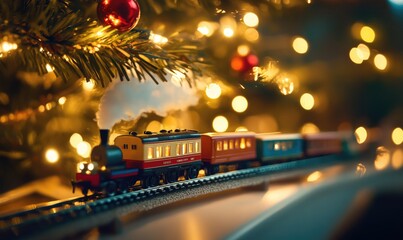 A train is traveling down a track with a Christmas tree in the background