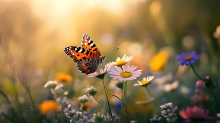 Obraz premium A butterfly resting on a flower in a sunlit meadow, with a backdrop of wildflowers