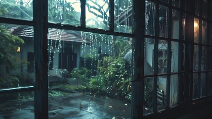 View of the yard and the steady rainfall outside the window