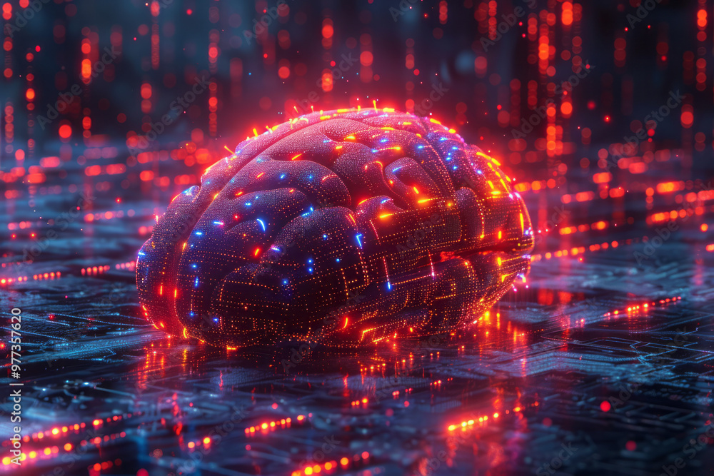 Poster a brain made out of shimmering digital pixels and code,