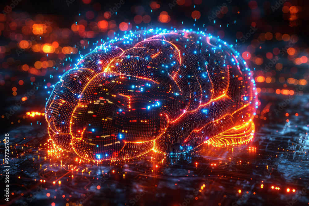 Poster a brain made out of shimmering digital pixels and code,