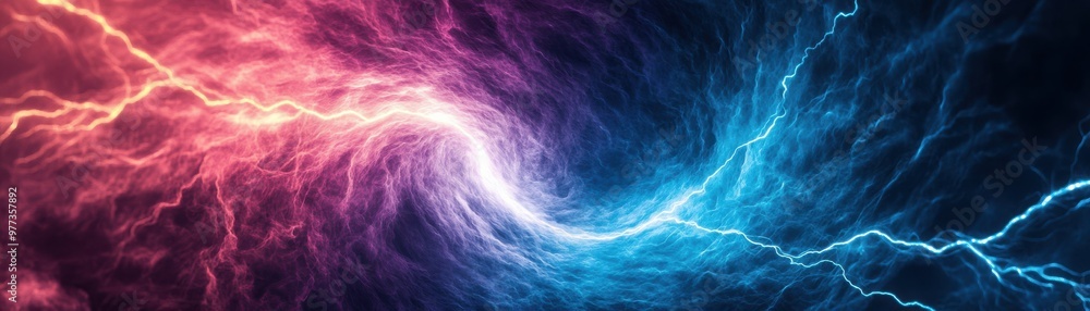 Poster futuristic abstract background featuring vibrant pink and blue lightning waves creating a dynamic an