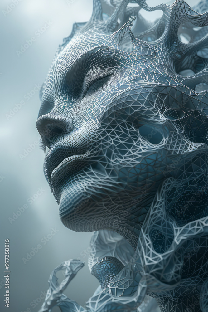Aufkleber a wireframe design of a human head with intricate geometric patterns forming the structure,