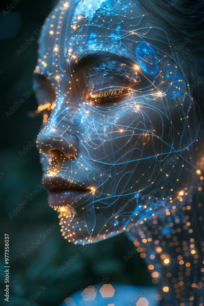 Aufkleber a wireframe design of a human head with intricate geometric patterns forming the structure,
