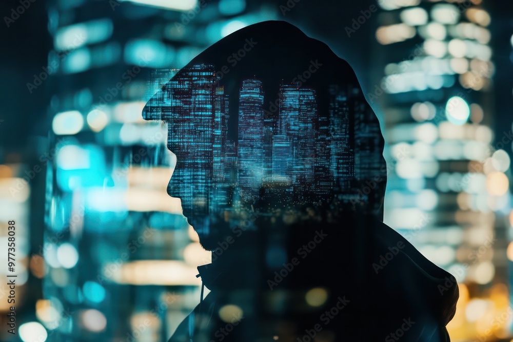 Aufkleber a man's face is shown in a blurry image with a city skyline in the background