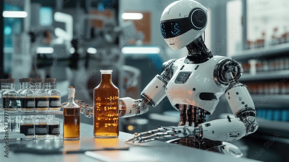 Poster a robot working diligently in a laboratory, a bottle of liquid placed in front of it, illustrating t