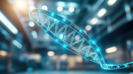 Futuristic digital DNA strand visualization in a high-tech laboratory environment, symbolizing genetics and biotechnology.