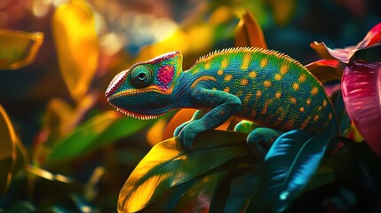 A chameleon blending into the vibrant colors of a tropical rainforest