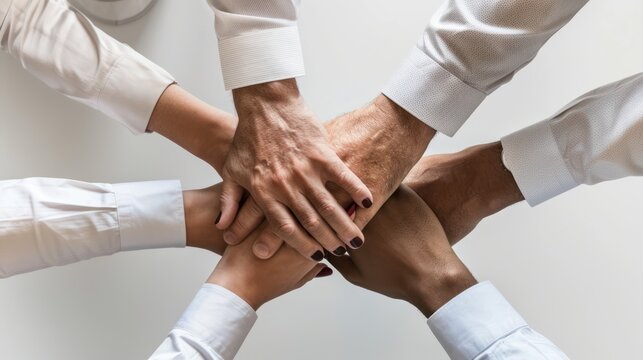 Business team joining hands in a stack on a white background. Teamwork and unity concept.