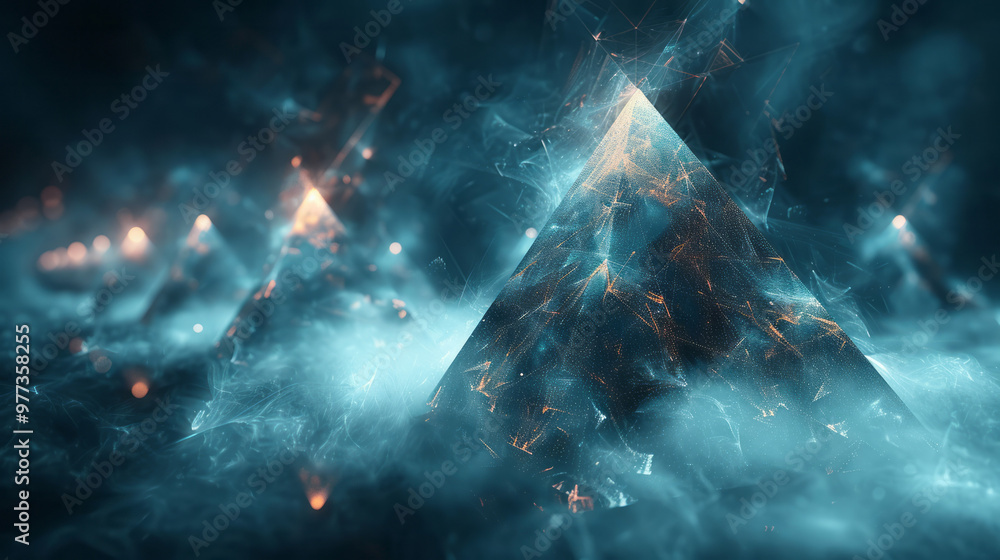 Poster a series of floating wireframe pyramids layered over each other,