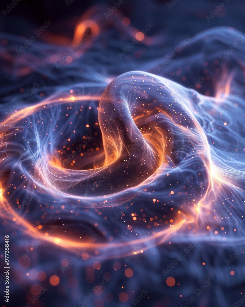 Poster an abstract wireframe torus rotating in mid-air, with glowing edges and soft inner reflections,