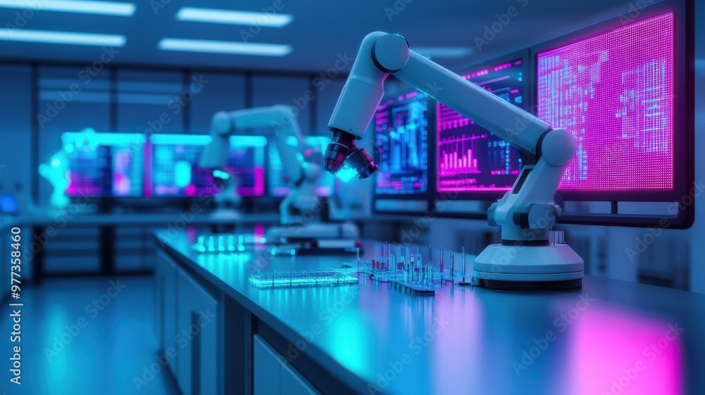 Aufkleber futuristic laboratory with robotic arm and glowing monitors displaying data. ideal for technology an