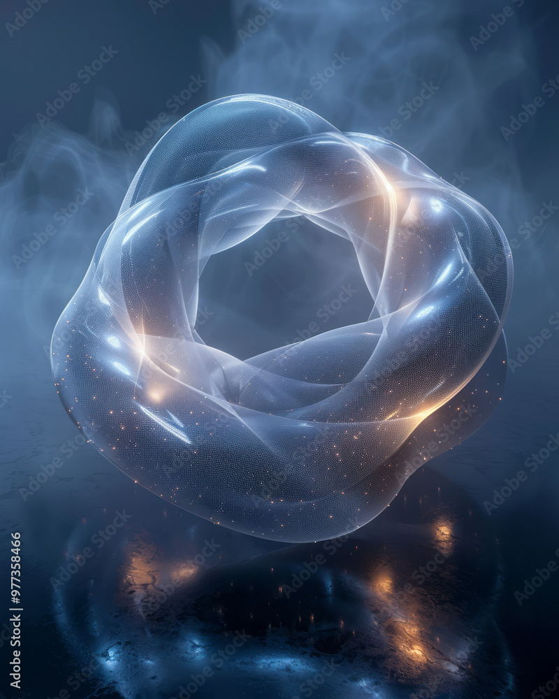 Aufkleber an abstract wireframe torus rotating in mid-air, with glowing edges and soft inner reflections,