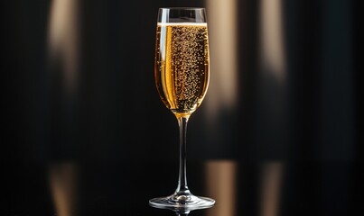 A glass of champagne is sitting on a table