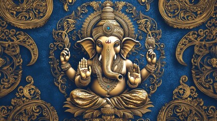 Intricate golden sculpture of Lord Ganesha, symbolizing wisdom and prosperity, set against a rich blue background.