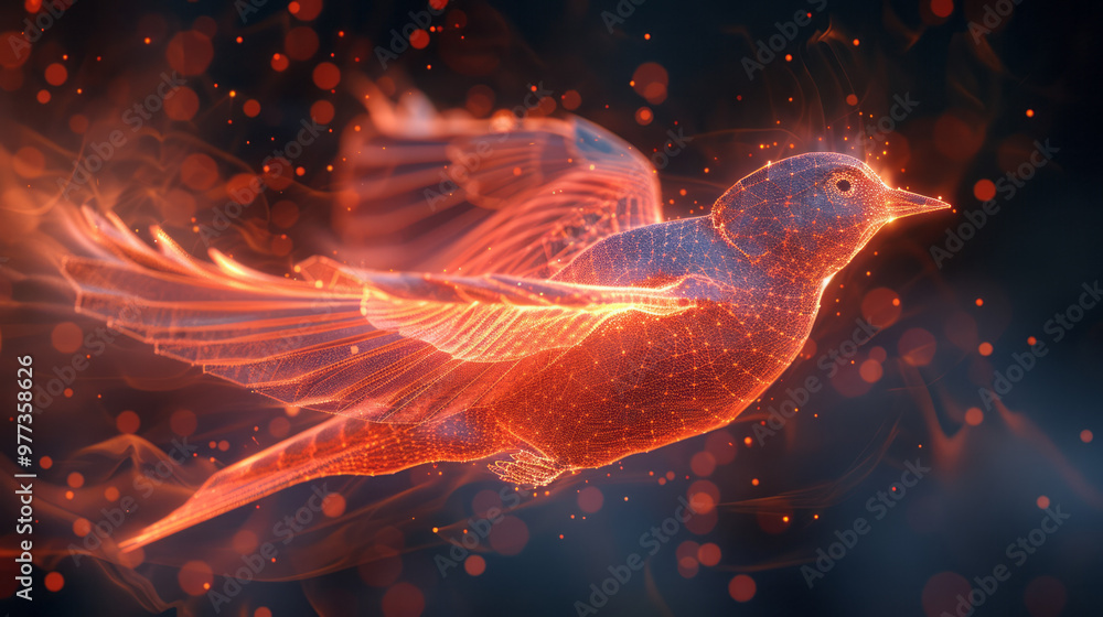 Poster a wireframe model of an abstract bird in flight, with wings composed of interlocking lines,