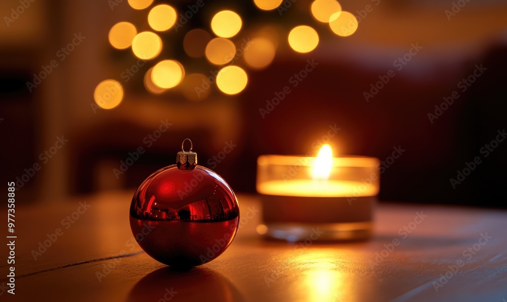 Wall mural a red ornament sits on a table next to a candle