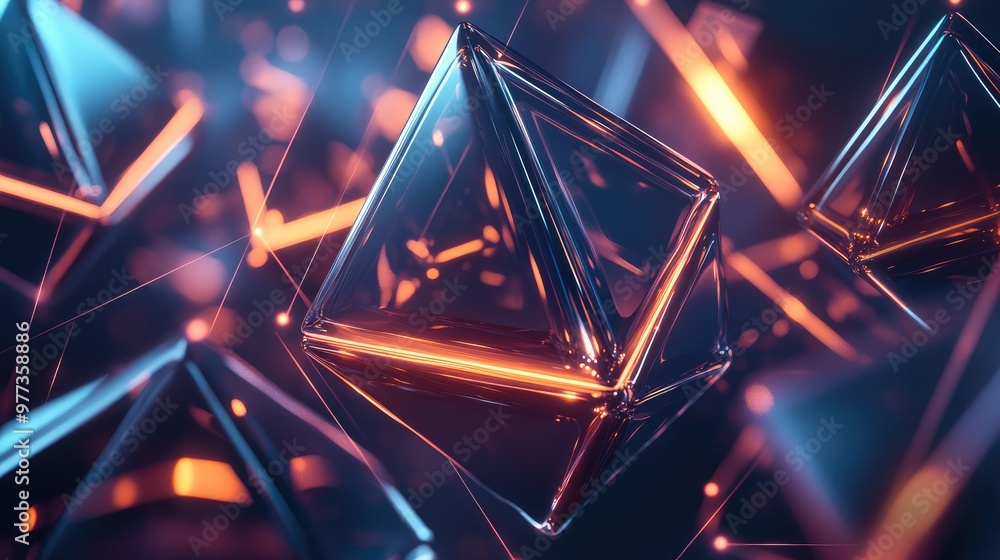 Poster metallic 3d pyramids floating above each other, connected by thin glowing lines.