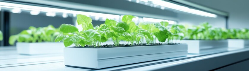 Indoor garden with green plants growing under LED lights in a modern hydroponic system for sustainable agriculture.