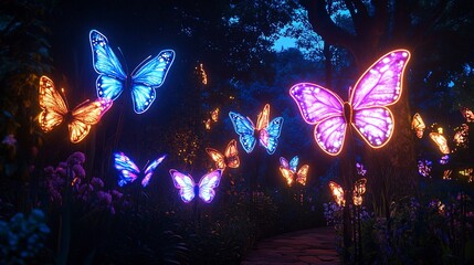 Fototapeta premium Glow time decorations Glowing neon butterflies fluttering in a dark garden, magical atmosphere, enchanting and whimsical 