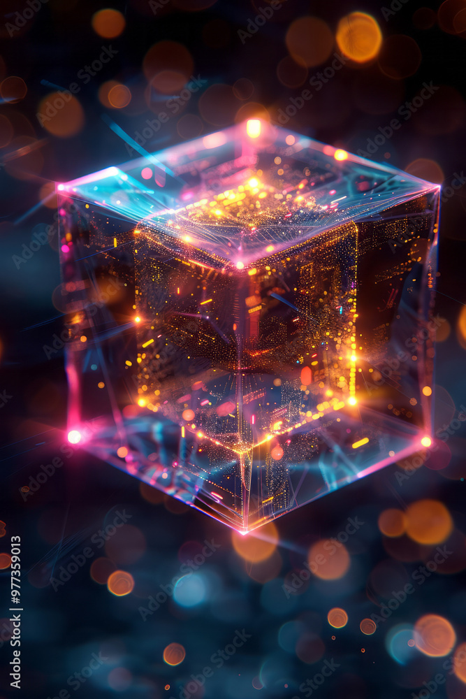 Poster a floating wireframe structure of a cube inside a cube, rotating in space,