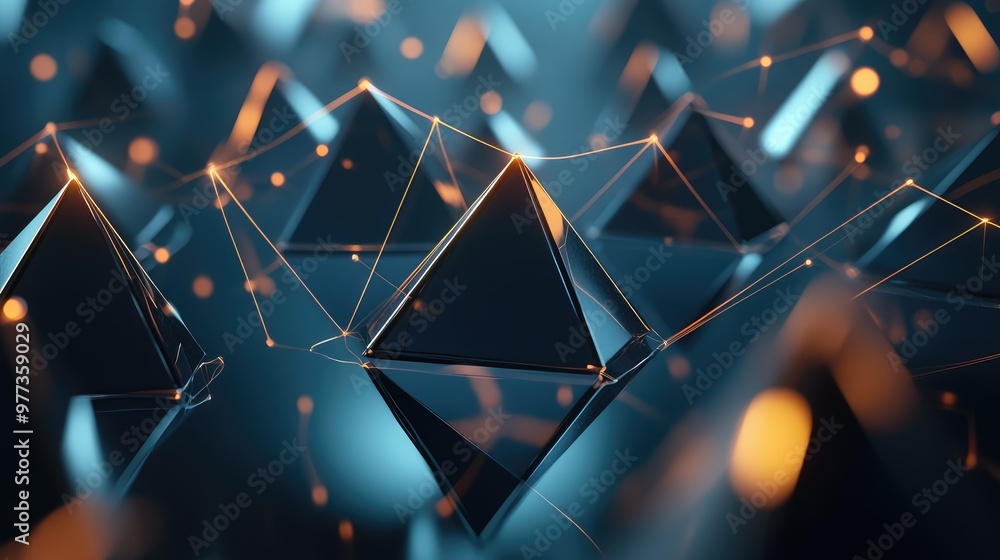 Poster metallic 3d pyramids floating above each other, connected by thin glowing lines.