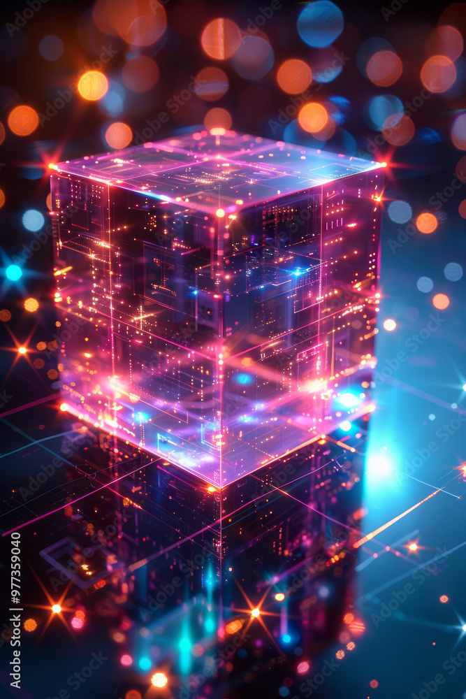 Poster a floating wireframe structure of a cube inside a cube, rotating in space,