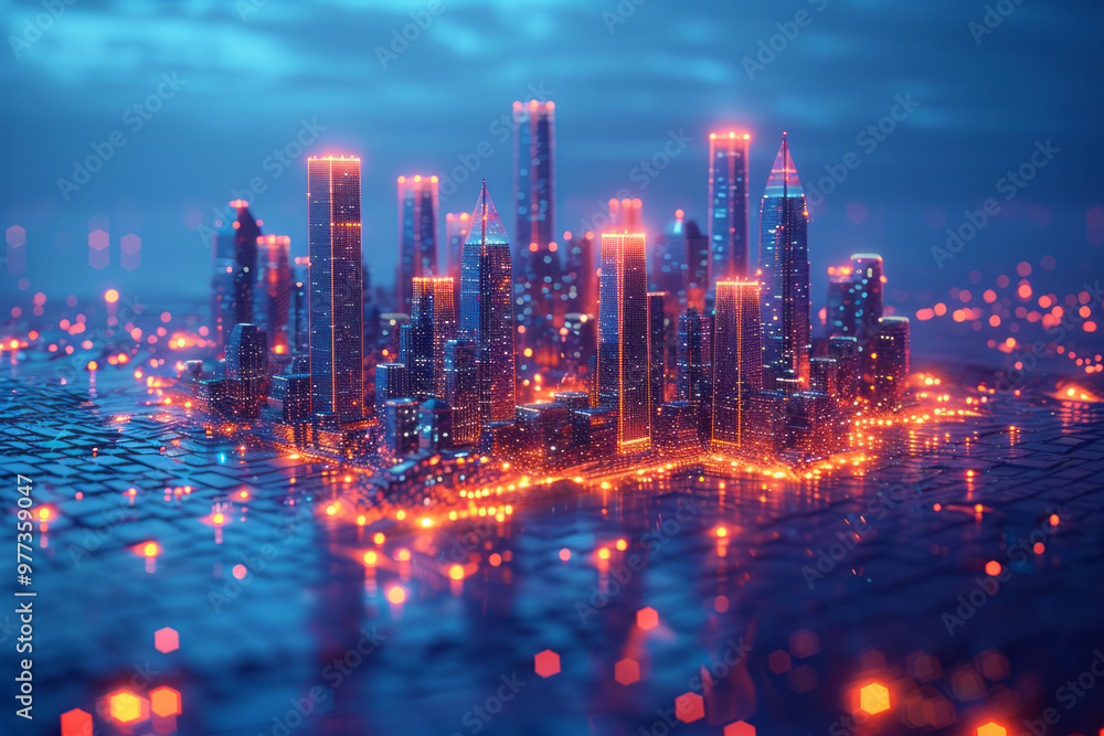 Poster a wireframe model of an abstract cityscape, with skyscrapers made of intersecting lines,