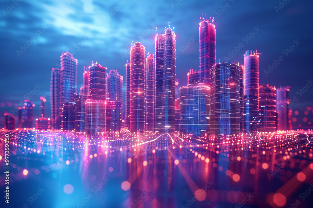Poster a wireframe model of an abstract cityscape, with skyscrapers made of intersecting lines,
