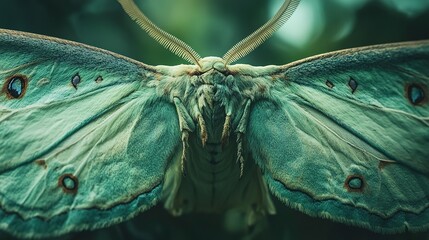 A close-up of a beautiful green moth with large, intricate wings. 