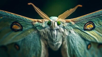 A close-up of a beautiful green moth with large, intricate wings