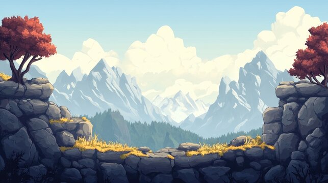 A rugged mountain level background with rocky terrain and cliffs, perfect for 2D platformer game assets and adventure settings.