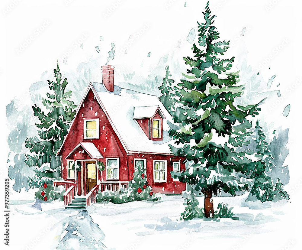 Poster a house with a chimney and a tree with a red ribbon on it. the house is surrounded by trees and snow