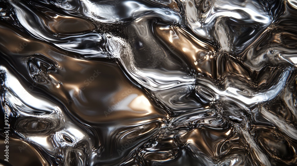 Poster metallic surfaces warping and shifting to create abstract reflections in a dark void.