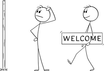 Person, opportunity and welcome, vector cartoon stick figure or character illustration.
