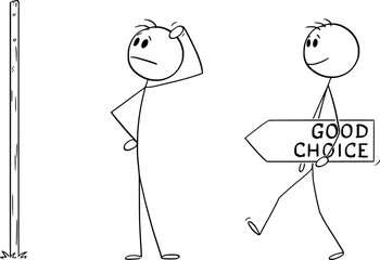 Person looking for help with good choice, vector cartoon stick figure or character illustration.
