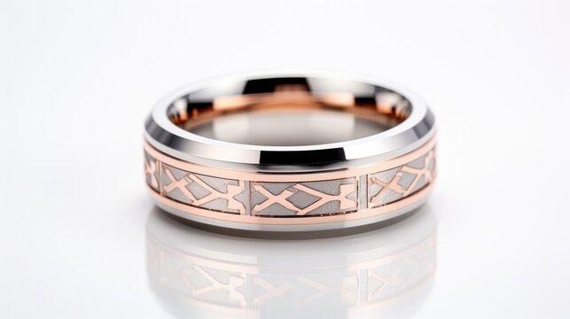 Elegant silver and white gold wedding band with intricate Celtic design.