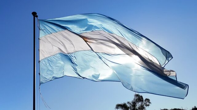bandera argentina flameando sobre sol, cielo azul	
