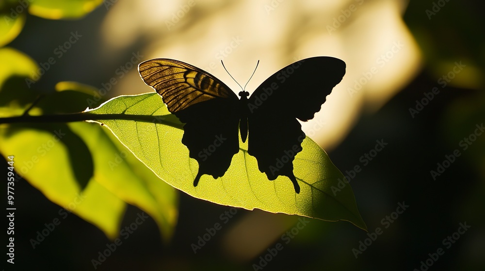 Aufkleber the shadow of a delicate butterfly resting on a leaf, with the shadow adding a touch of elegance and