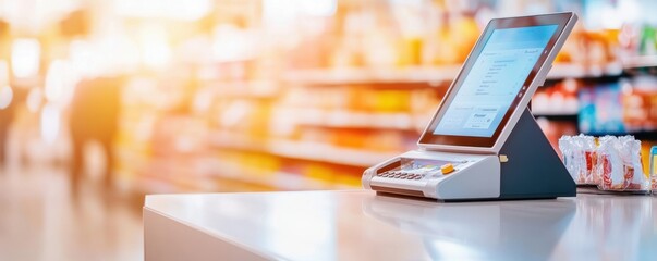 Modern digital cash register in a bright retail environment showcasing easy checkout and sleek design.